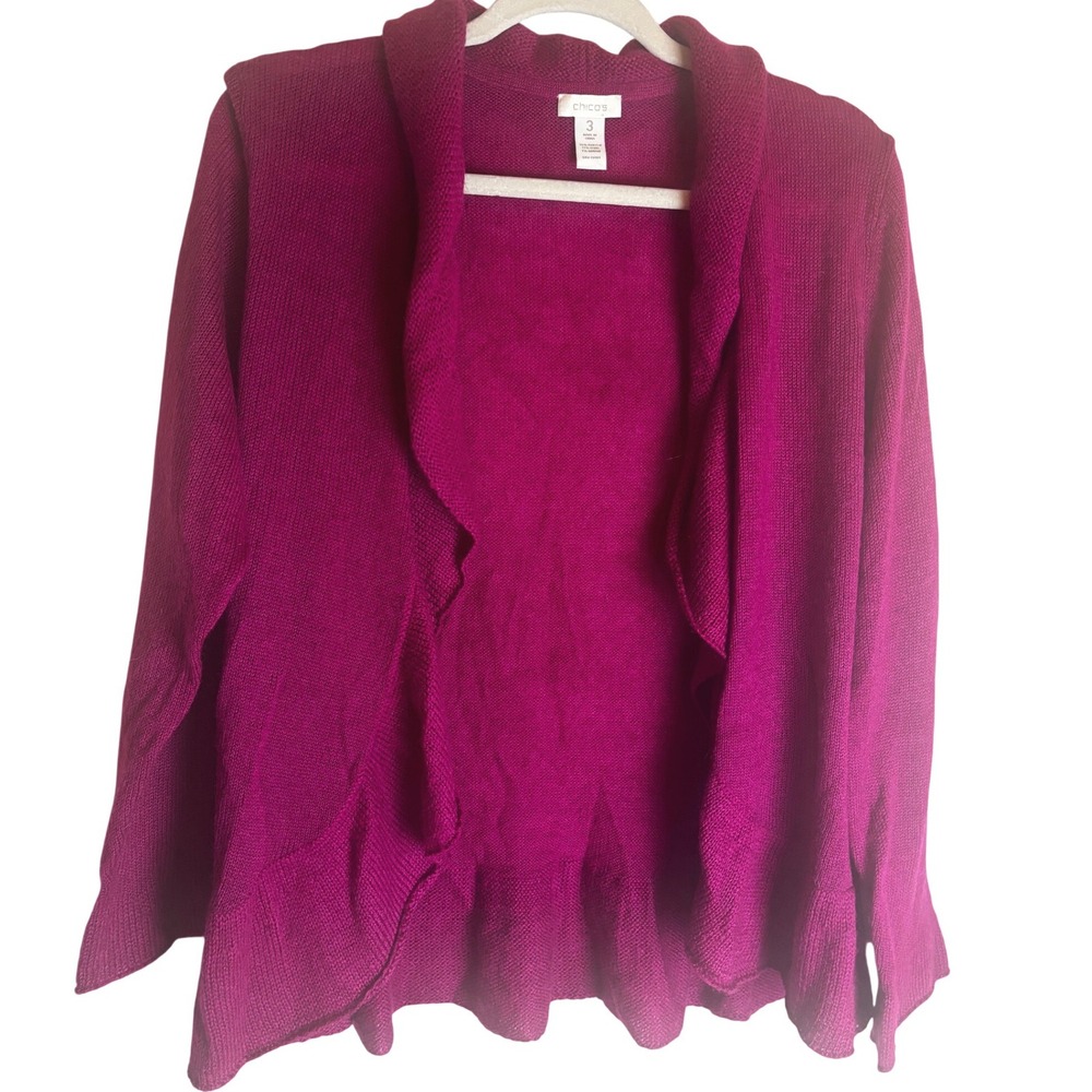 Chicos Magenta Wool Mohair Blend Ruffle Hem Open Front Cardigan Sweater Size 3
